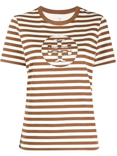 Shop Tory Burch Striped Logo Print T-shirt In Brown ,neutral