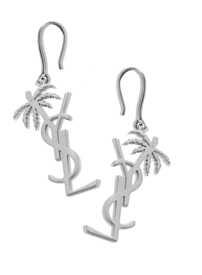 Shop Saint Laurent Monogram Palm Tree Earrings In Argento