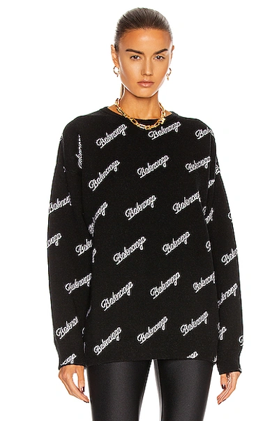 Shop Balenciaga Long Sleeve Logo Crewneck Sweater In Black & White