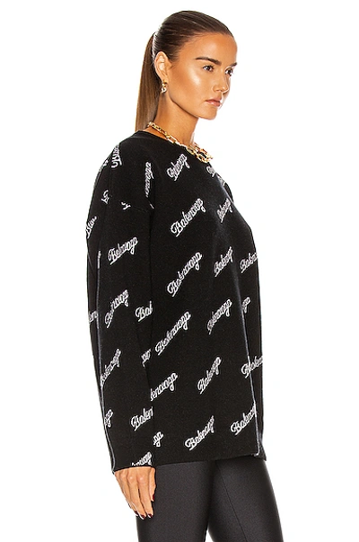 Shop Balenciaga Long Sleeve Logo Crewneck Sweater In Black & White