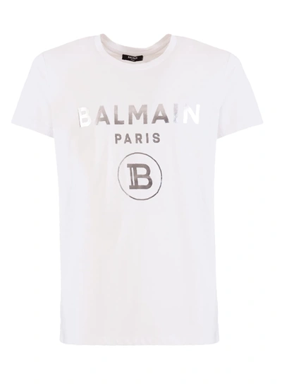 Shop Balmain Silver Foil Logo T-shirt In Bianco