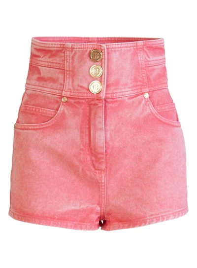 Shop Balmain High-waisted Denim Shorts In Rosa
