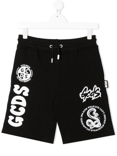 Gcds Logo Print Cotton Track Shorts In Black