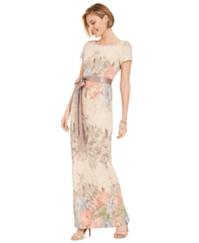 Shop Adrianna Papell Women's Floral-print Short Sleeve Column Gown In Blush Floral