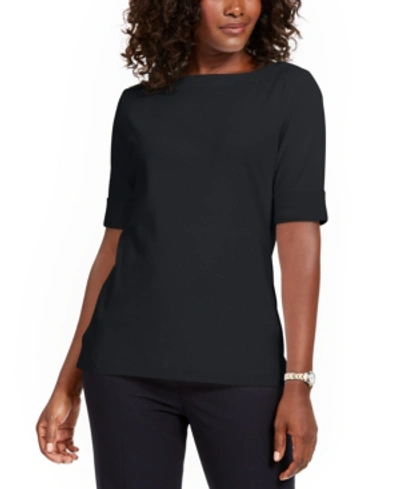 Shop Karen Scott Plus Size Cotton Elbow-sleeve Top, Created For Macy's In Deep Black