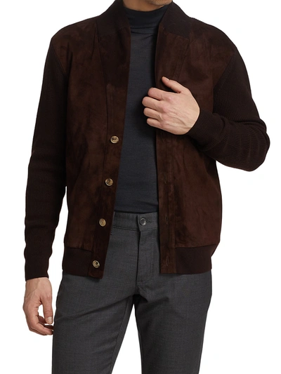 Shop Brett Johnson Suede Front Cashmere Knit Shawl Cardigan In Van Dyke Brown