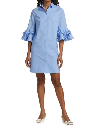 Shop Lela Rose Cotton Poplin Ruffle-detail Shirtdress In Sky