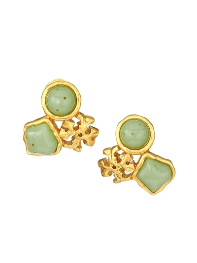 Shop Tory Burch Women's Roxanne Goldtone Logo Cluster Stud Earring In Rolled Brass Swirled Mint