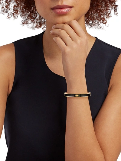 Shop Tory Burch Women's Kira Logo Goldtone & Enamel Hinged Slim Cuff Bracelet In Tory Gold Black