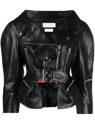 Shop Alexander Mcqueen Peplum Waist Biker Jacket In Black
