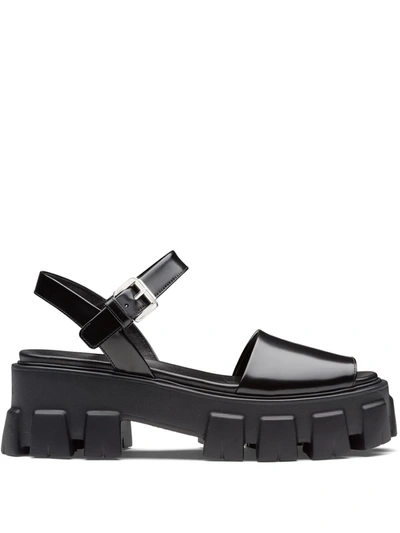Prada Black Brushed Leather Monolith Sandals In Nero | ModeSens