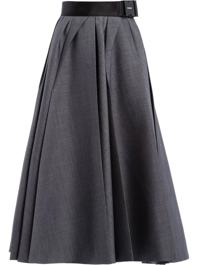 Shop Prada Belted Waist Pleated Midi Skirt In Grey