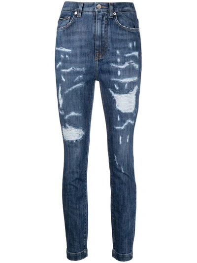 Shop Dolce & Gabbana Ripped High-waisted Skinny Jeans In Blue