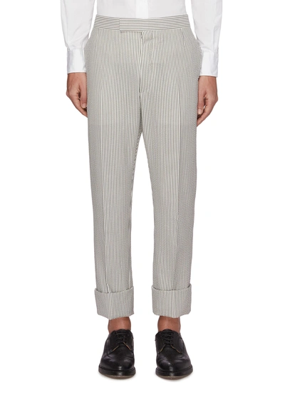 Shop Thom Browne Striped Backstrap Seersucker Pants In Grey