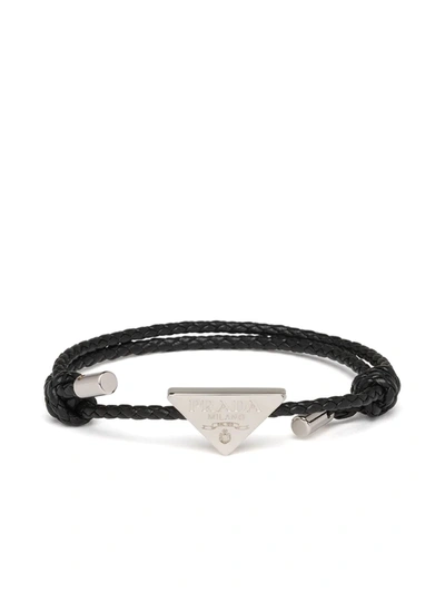Shop Prada Triangle Logo Braided Bracelet In Black