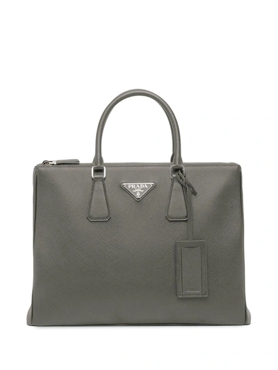 Shop Prada Grey Saffiano Tote Bag