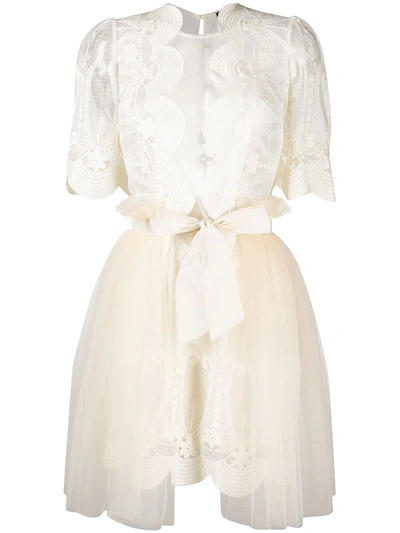 Shop Elisabetta Franchi Lace-patterned Semi-sheer Tulle Dress In White