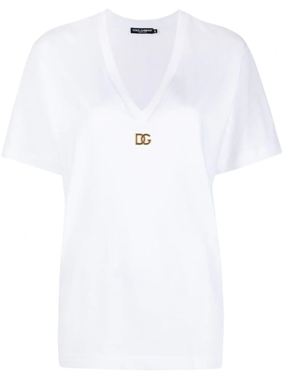 Shop Dolce & Gabbana Logo Plaque V-neck T-shirt In White