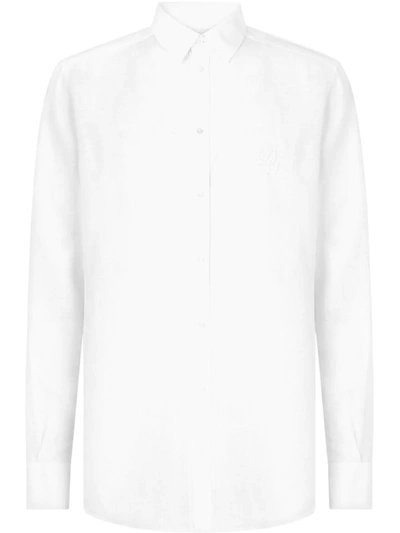 Shop Dolce & Gabbana Martini-fit Logo-embroidered Linen Shirt In White