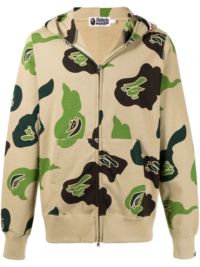 Shop A Bathing Ape Def Camo Shark-print Cotton Hoodie In Brown