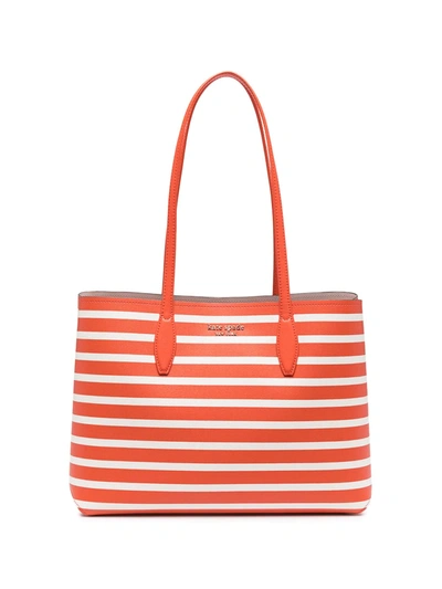 Shop Kate Spade Striped Leather Tote Bag In Orange