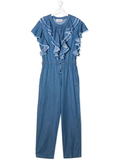 Shop Alberta Ferretti Teen Ruffled Denim Jumpsuit In Blue