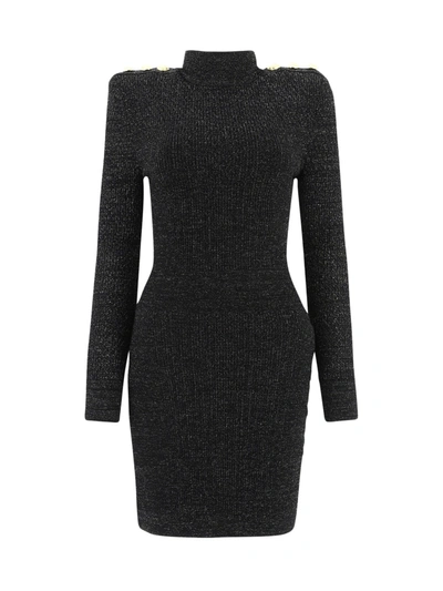 Shop Balmain Short Ls High-neck Lurex Knit Dress In Pa Noir