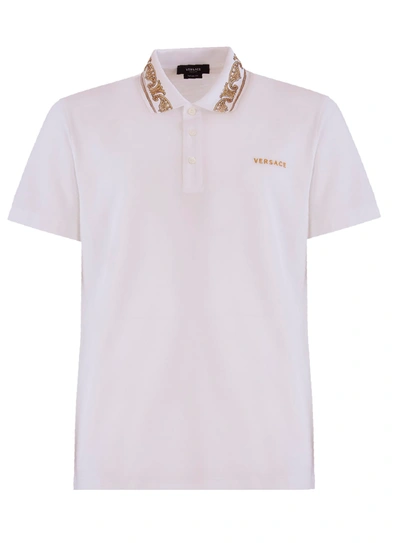 Shop Versace Rhinestone-embellished Logo Polo Shirt In Bianco