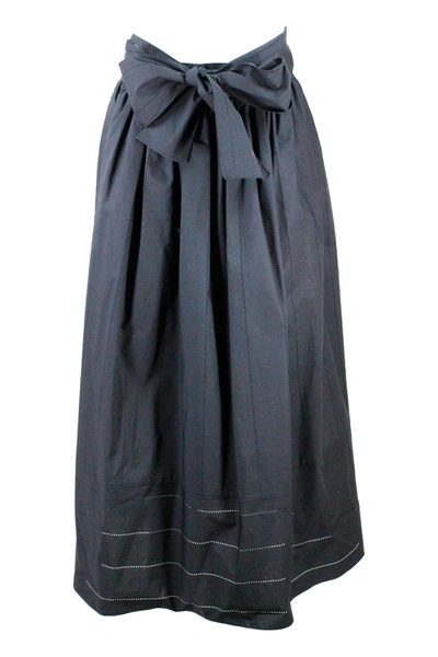 Shop Fabiana Filippi Long Cotton Skirt With Belt At The Waist And Laser Processing In Black