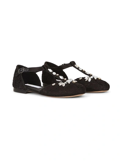Shop Dolce & Gabbana Bejewelled Lace Ballerina Shoes In Black