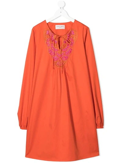 Shop Alberta Ferretti Teen Embroidered Neck Tunic Dress In Orange