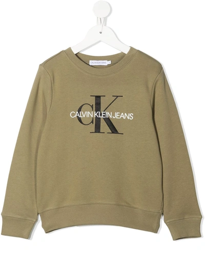 Shop Calvin Klein Logo-print Round Neck Sweatshirt In Green