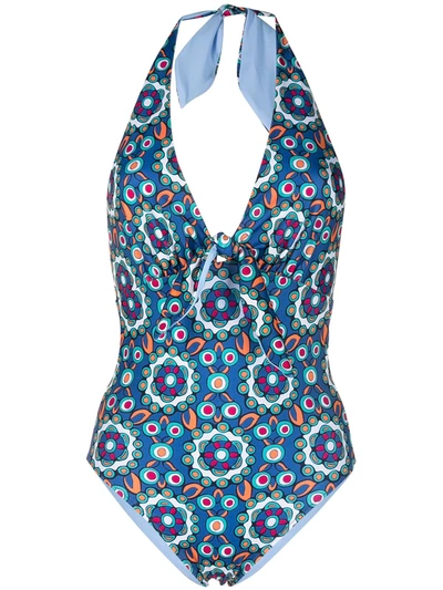 Shop La Doublej Paisley Halter-neck Swimsuit In Blue