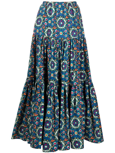 Shop La Doublej Geometric Flared Maxi Skirt In Blue