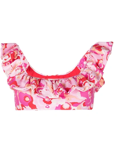 Shop La Doublej Floral Ruffle Bikini Top In Pink