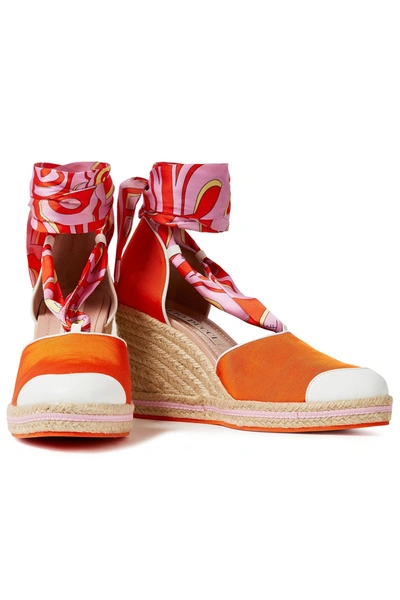 Shop Emilio Pucci Leather-trimmed Printed Twill And Grosgrain Wedge Espadrilles In Bright Orange