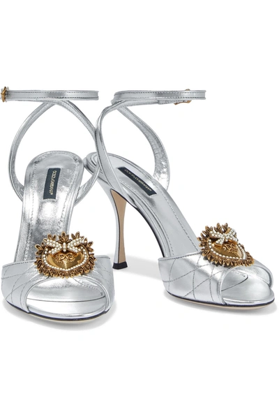 Shop Dolce & Gabbana Keira Devotion Embellished Quilted Metallic Leather Sandals In Silver