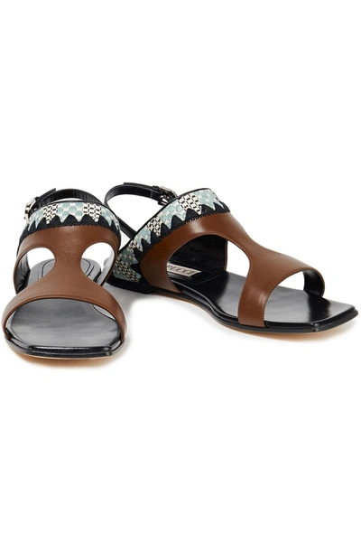 Shop Emilio Pucci Embroidered Leather Slingback Sandals In Brown