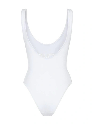 Shop Fendi Crochet-trim Logo Swimsuit In White