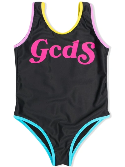 Shop Gcds Contrast-trim Logo Print Swimsuit In Black