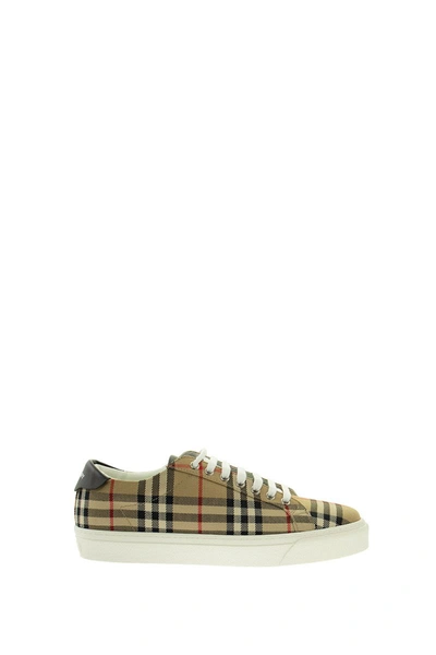 Shop Burberry Ranglenton - Vintage Check And Leather Sneakers In Archive Beige