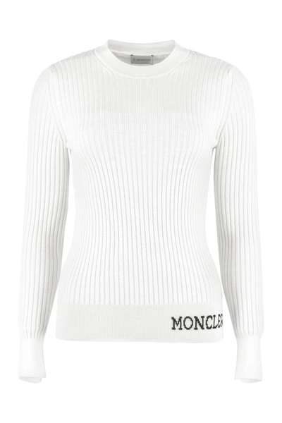 Shop Moncler Ribbed Virgin-wool Sweater In Panna