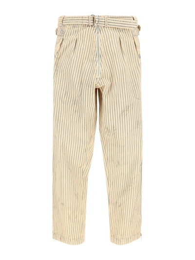 Shop Maison Margiela Striped Cotton Trousers With Belt In Beige