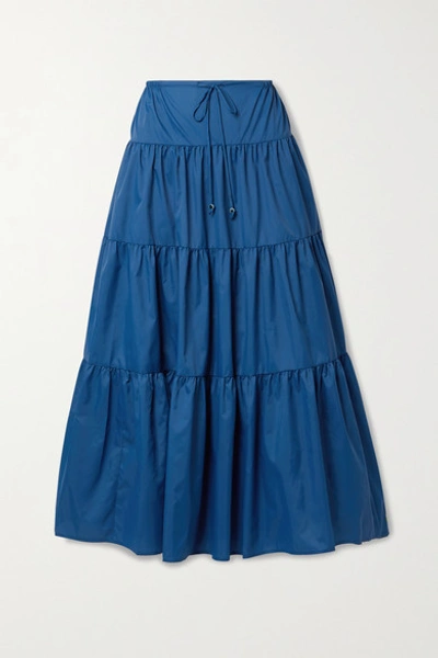 Shop Staud Lucca Tiered Recycled Shell Maxi Skirt In Blue