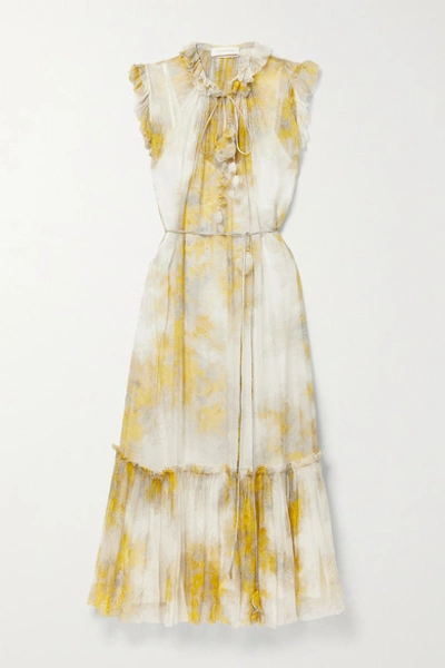 Shop Zimmermann Wild Botanica Belted Ruffled Floral-print Silk-crepon Midi Dress In Yellow