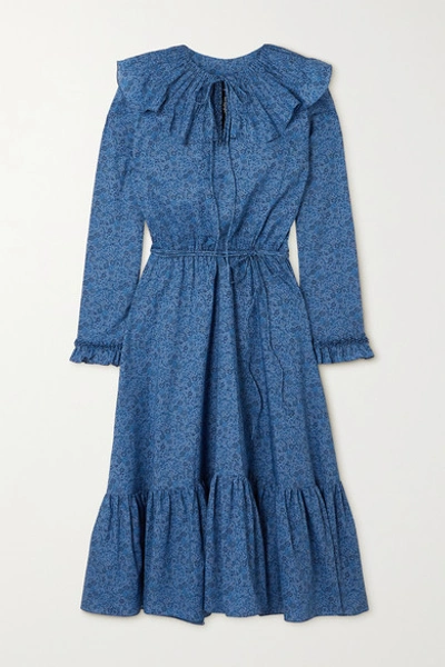 Shop Horror Vacui Victoria Ruffled Floral-print Cotton Dress In Blue