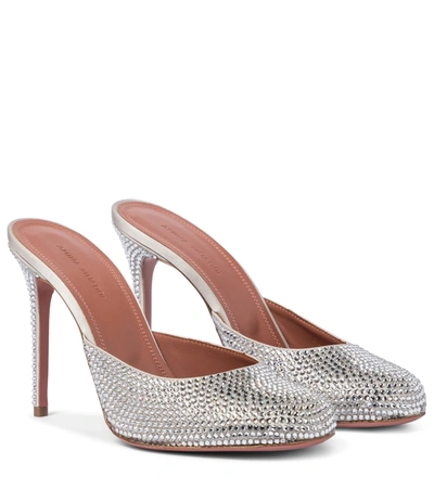 Shop Amina Muaddi Emili 105 Embellished Satin Mules In Silver