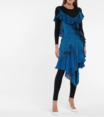 Shop Marine Serre Printed Silk And Stretch-jersey Dress In Blue