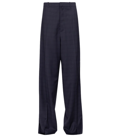 Shop Balenciaga Wide-leg Checked Wool Pants In Blue