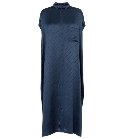 Shop Balenciaga Logo Silk Satin Shirt Dress In Blue